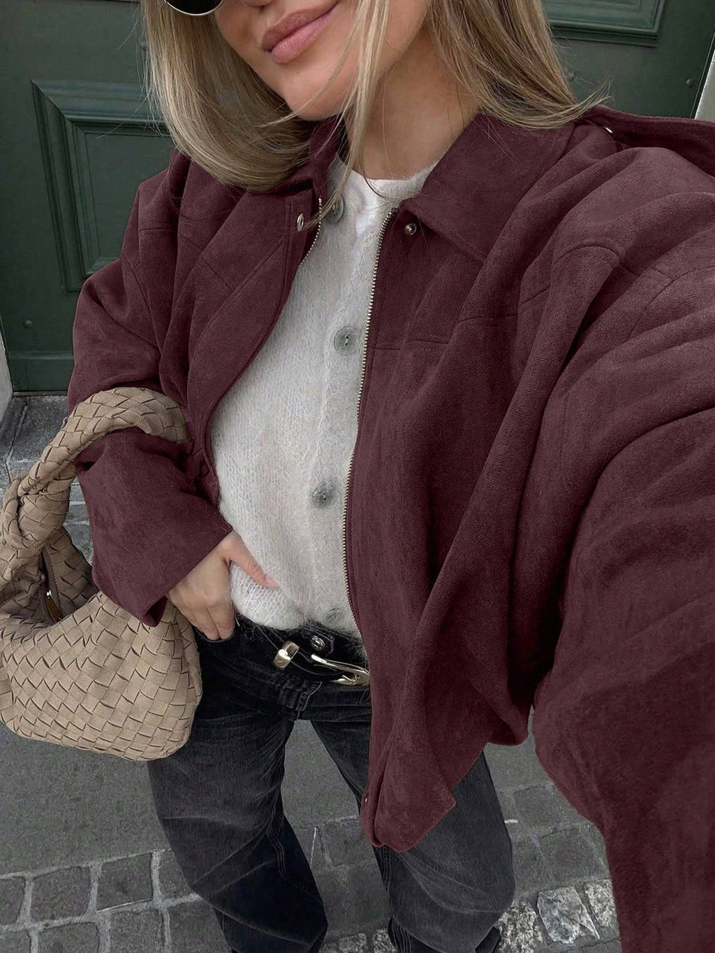 Women's Oversized Bomber Jacket with Stand Collar - Bordeaux