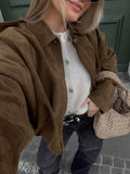 Women's Oversized Bomber Jacket with Stand Collar - Brown