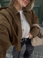 Women's Oversized Bomber Jacket with Stand Collar - Brown