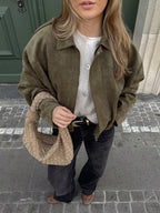 Women's Oversized Bomber Jacket with Stand Collar - Mocha