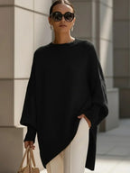 Women's Oversized Jumper with Round Neck and Ribbed Trims - Black