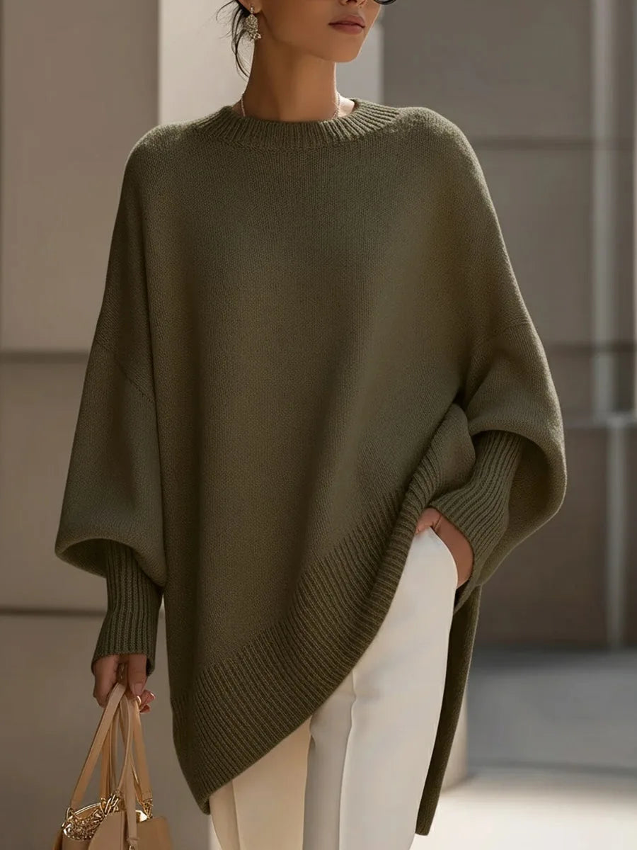 Women's Oversized Jumper with Round Neck and Ribbed Trims - Olive Green