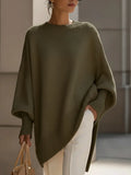 Women's Oversized Jumper with Round Neck and Ribbed Trims - Olive Green