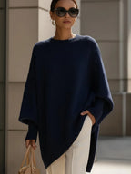 Women's Oversized Jumper with Round Neck and Ribbed Trims - Navy Blue