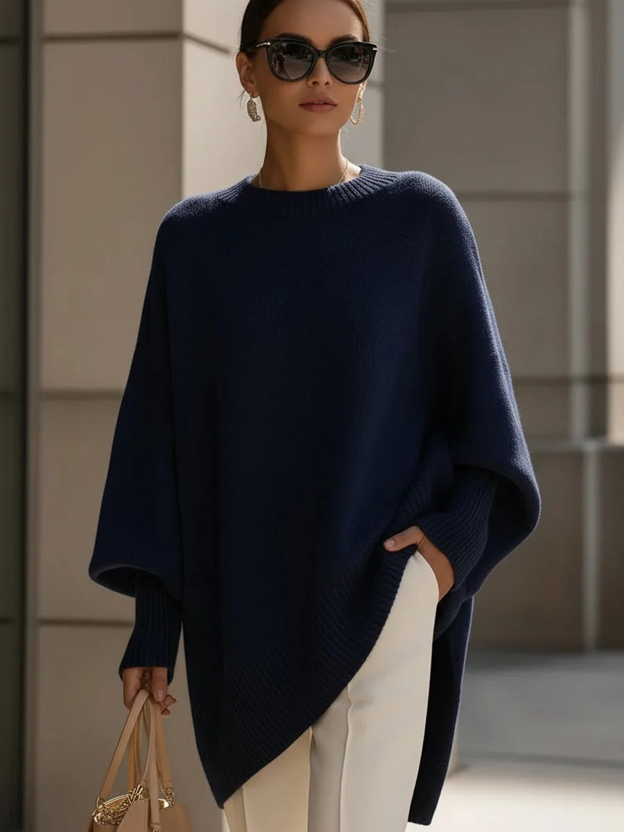 Women's Oversized Jumper with Round Neck and Ribbed Trims - Navy Blue