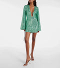 Women's Sequin Mini Dress with V-Neck and Ring Detail - Green