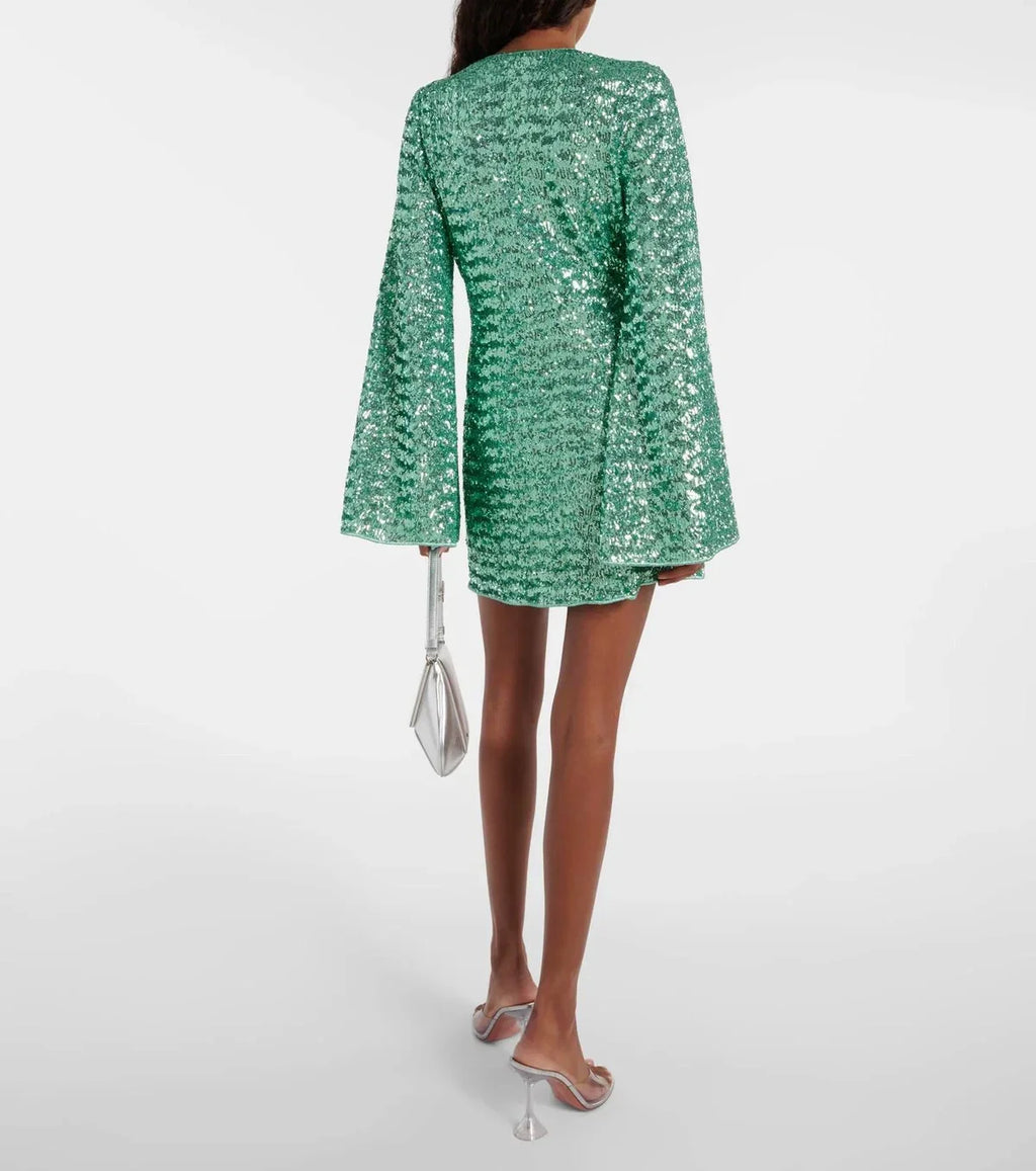 Women's Sequin Mini Dress with V-Neck and Ring Detail - 6