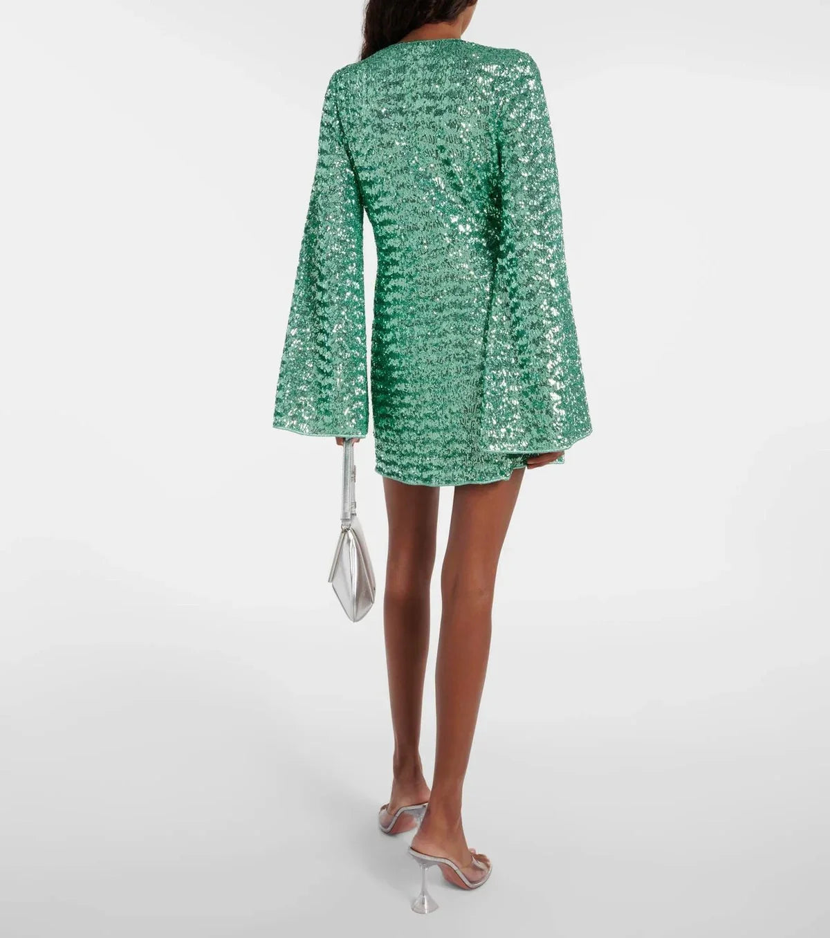Women's Sequin Mini Dress with V-Neck and Ring Detail - 6