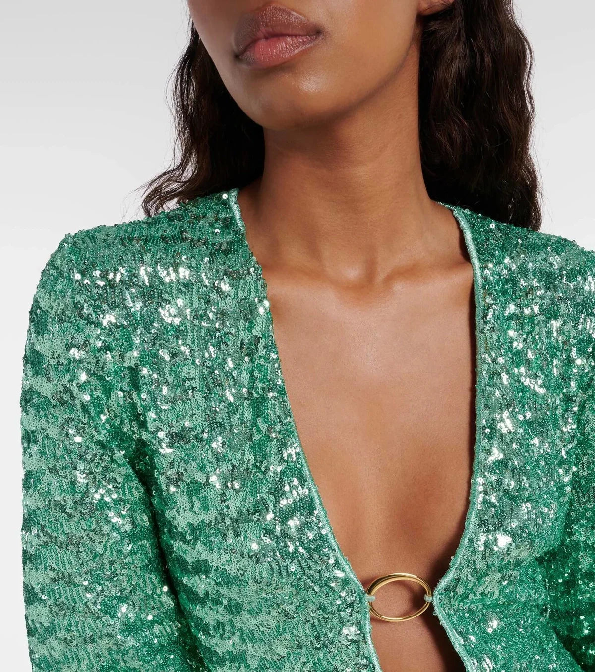 Women's Sequin Mini Dress with V-Neck and Ring Detail - 5