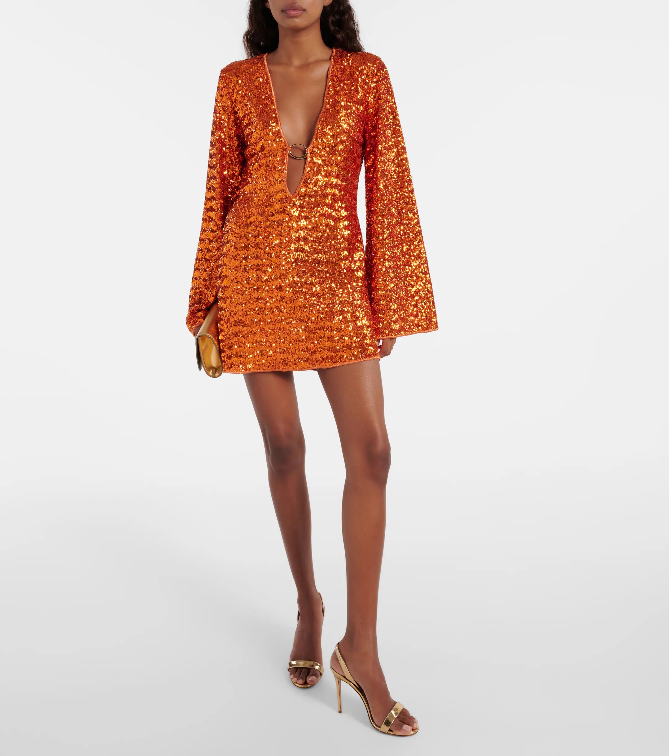 Women's Sequin Mini Dress with V-Neck and Ring Detail - Orange
