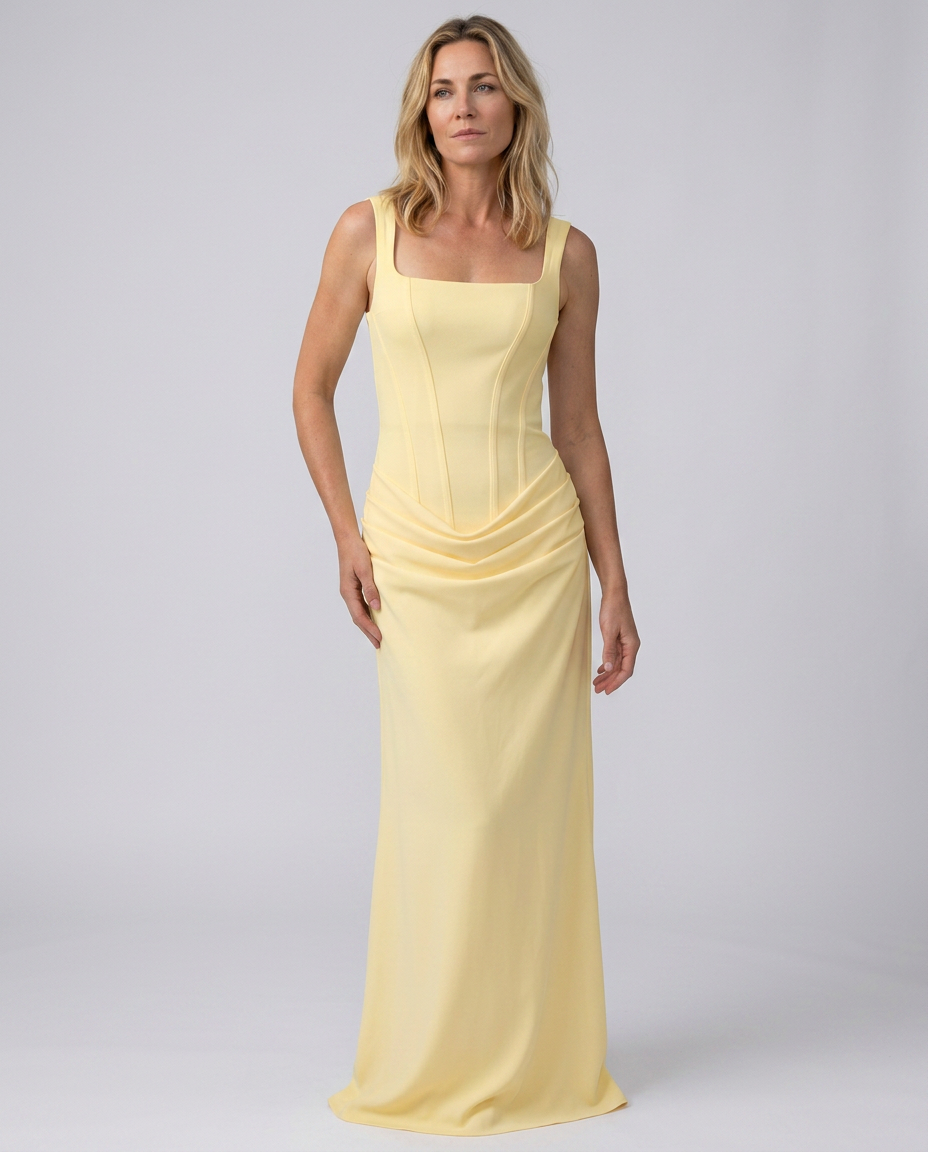 Women's Evening Maxi Dress with Structured Bodice and Draped Skirt - Yellow