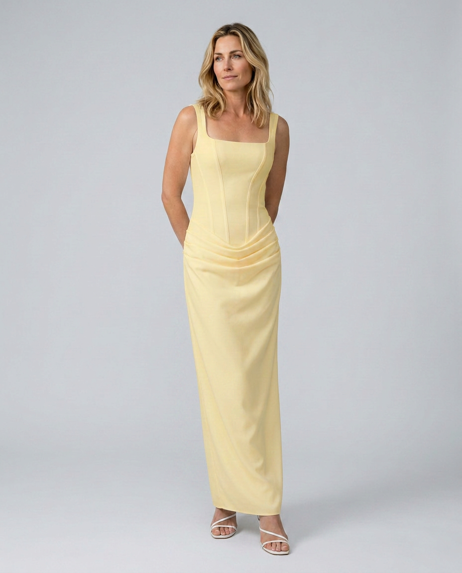Women's Evening Maxi Dress with Structured Bodice and Draped Skirt - 18