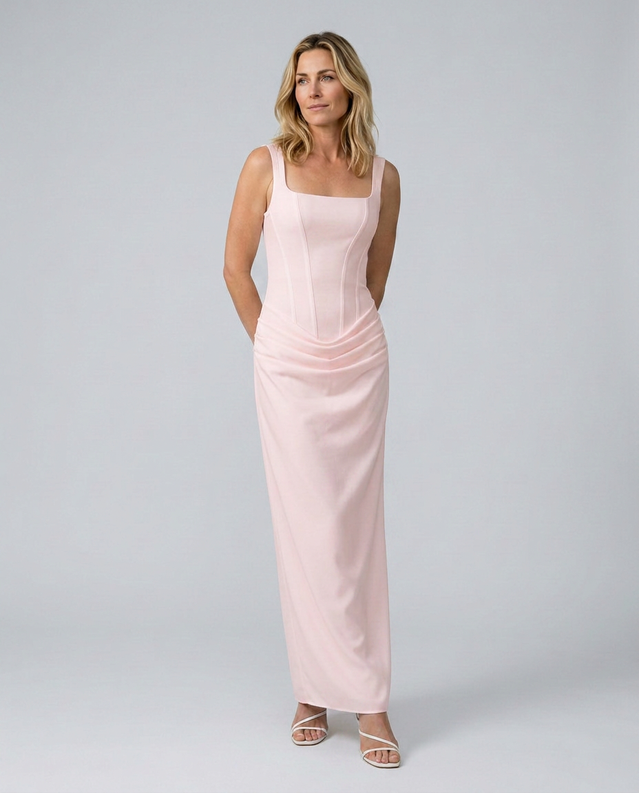 Women's Evening Maxi Dress with Structured Bodice and Draped Skirt - 2