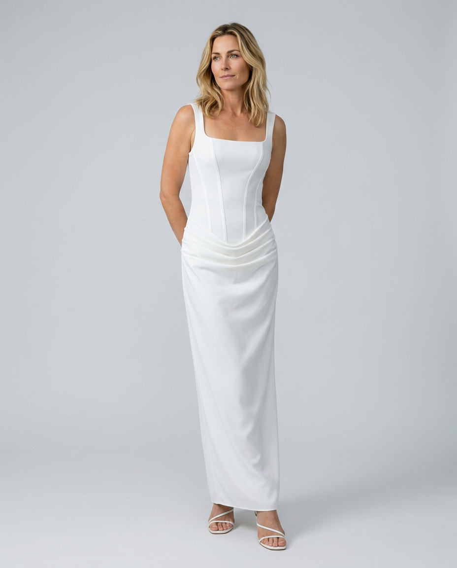Women's Evening Maxi Dress with Structured Bodice and Draped Skirt - 7