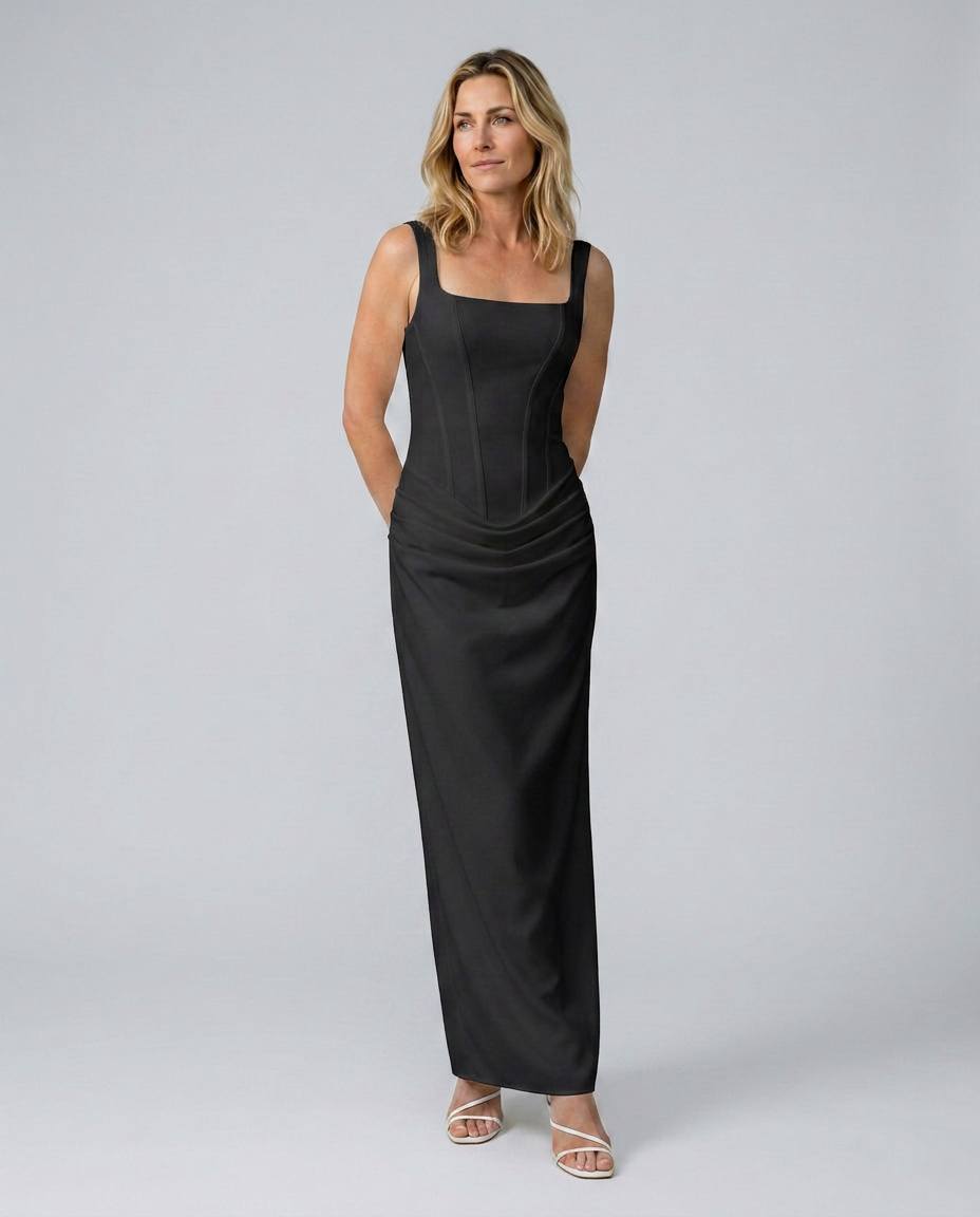 Women's Evening Maxi Dress with Structured Bodice and Draped Skirt - 12