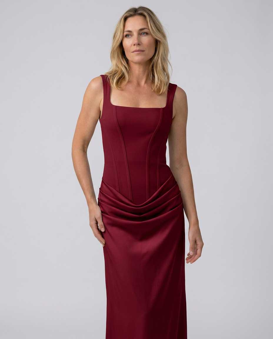 Women's Evening Maxi Dress with Structured Bodice and Draped Skirt - Wine Red