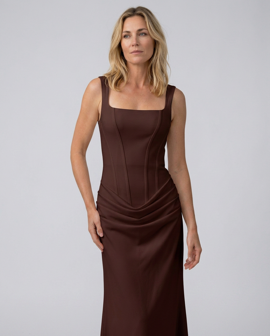 Women's Evening Maxi Dress with Structured Bodice and Draped Skirt - Brown