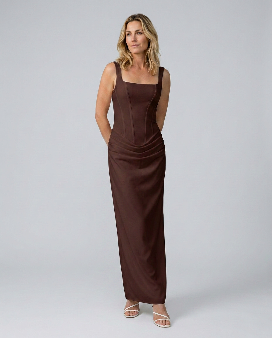 Women's Evening Maxi Dress with Structured Bodice and Draped Skirt - 15