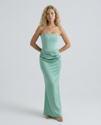 Women's Strapless Corset Maxi Dress with Draped Skirt - Sage Green