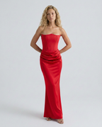 Women's Strapless Corset Maxi Dress with Draped Skirt - Red