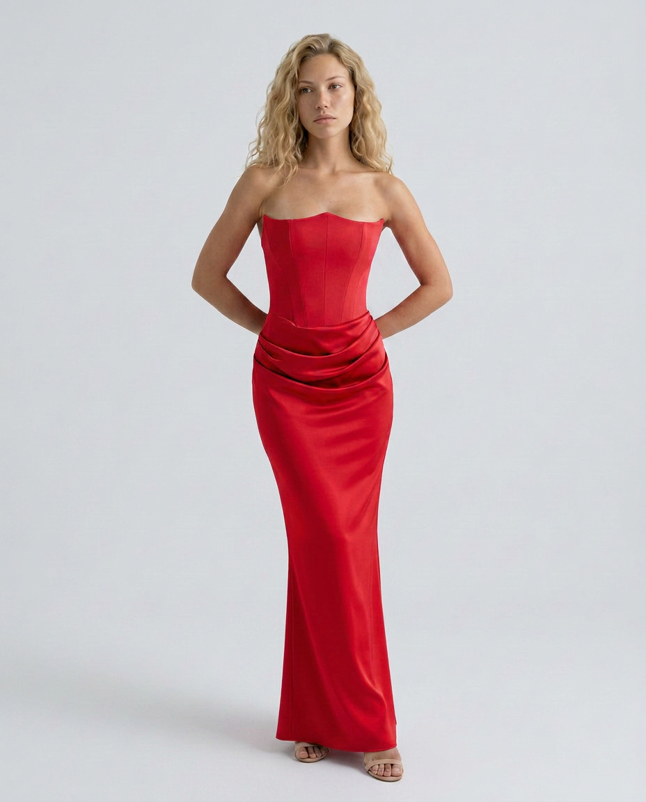 Women's Strapless Corset Maxi Dress with Draped Skirt - Red