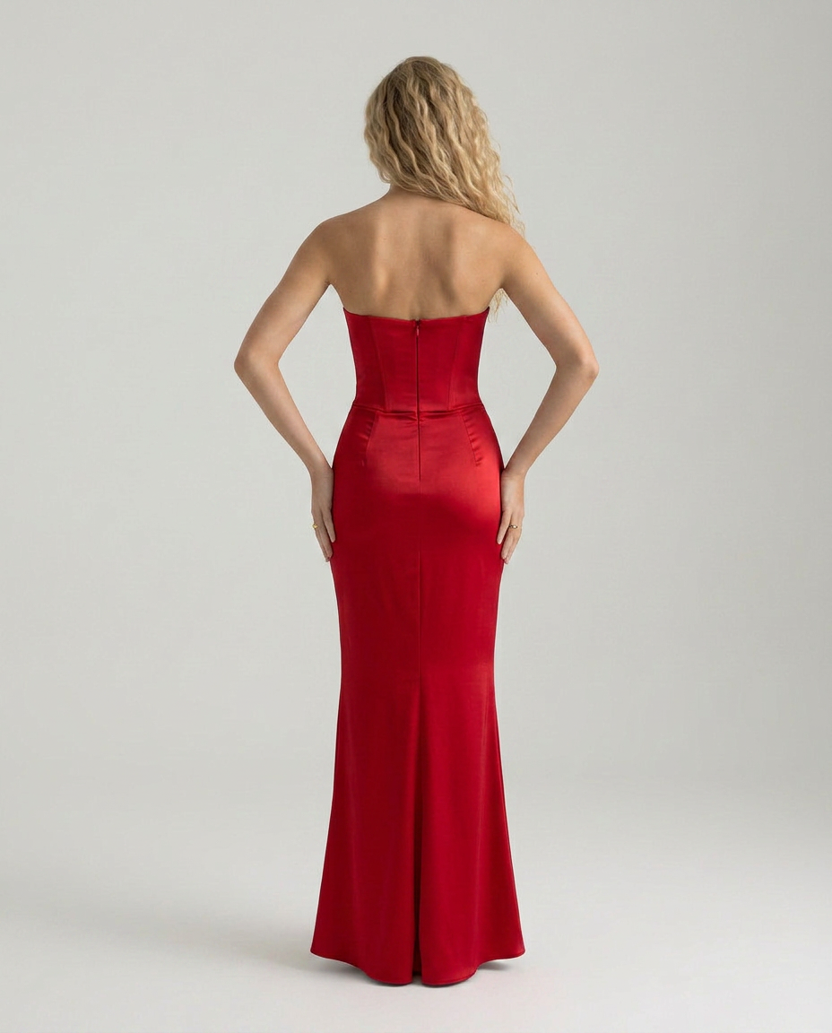 Women's Strapless Corset Maxi Dress with Draped Skirt - 9