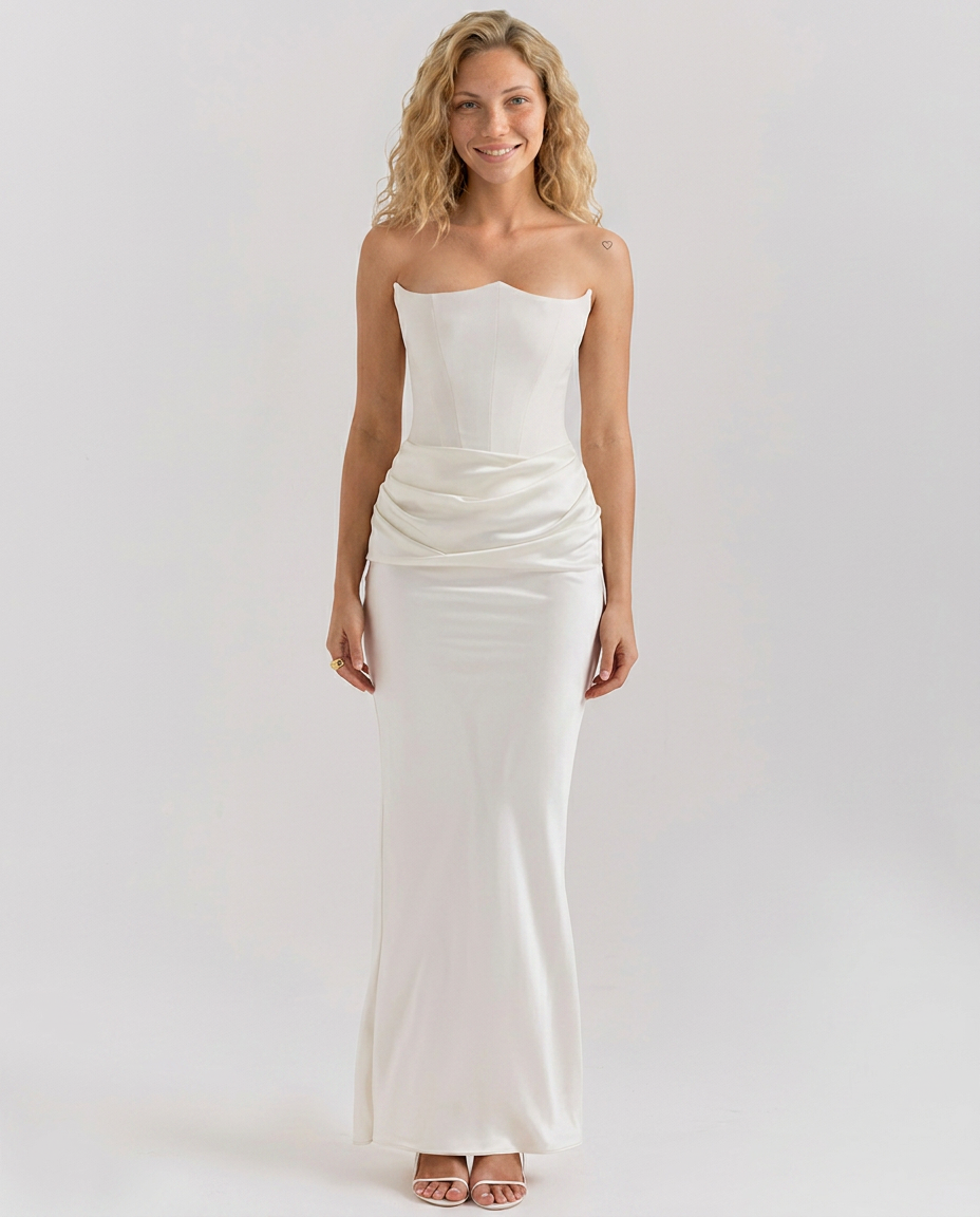 Women's Strapless Corset Maxi Dress with Draped Skirt - White