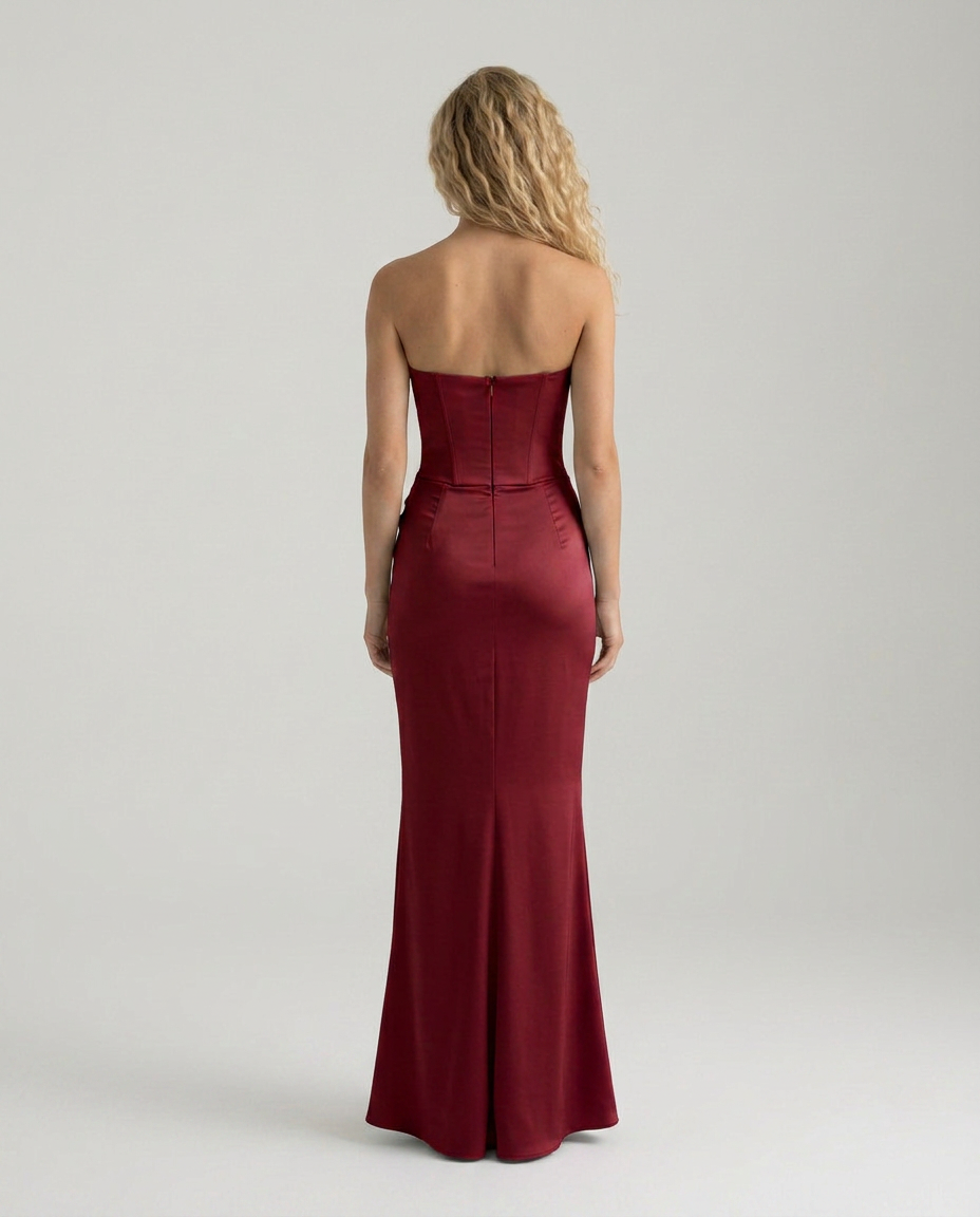 Women's Strapless Corset Maxi Dress with Draped Skirt - 16