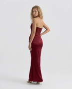Women's Strapless Corset Maxi Dress with Draped Skirt - 17