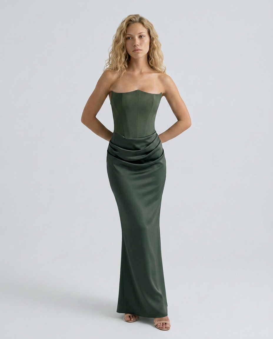 Women's Strapless Corset Maxi Dress with Draped Skirt - Dark Green