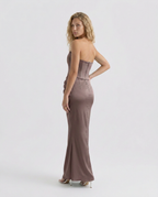 Women's Strapless Corset Maxi Dress with Draped Skirt - 12