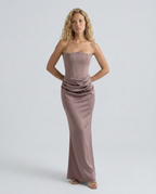 Women's Strapless Corset Maxi Dress with Draped Skirt - Taupe