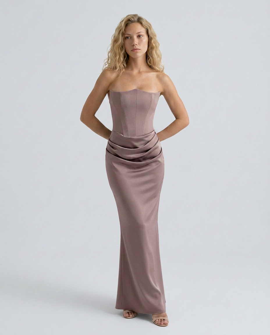 Women's Strapless Corset Maxi Dress with Draped Skirt - Taupe