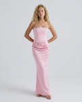 Women's Strapless Corset Maxi Dress with Draped Skirt - Pink