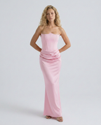 Women's Strapless Corset Maxi Dress with Draped Skirt - Pink