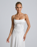 Women's Evening Maxi Dress with Lace-Up Back and Structured Bodice - White