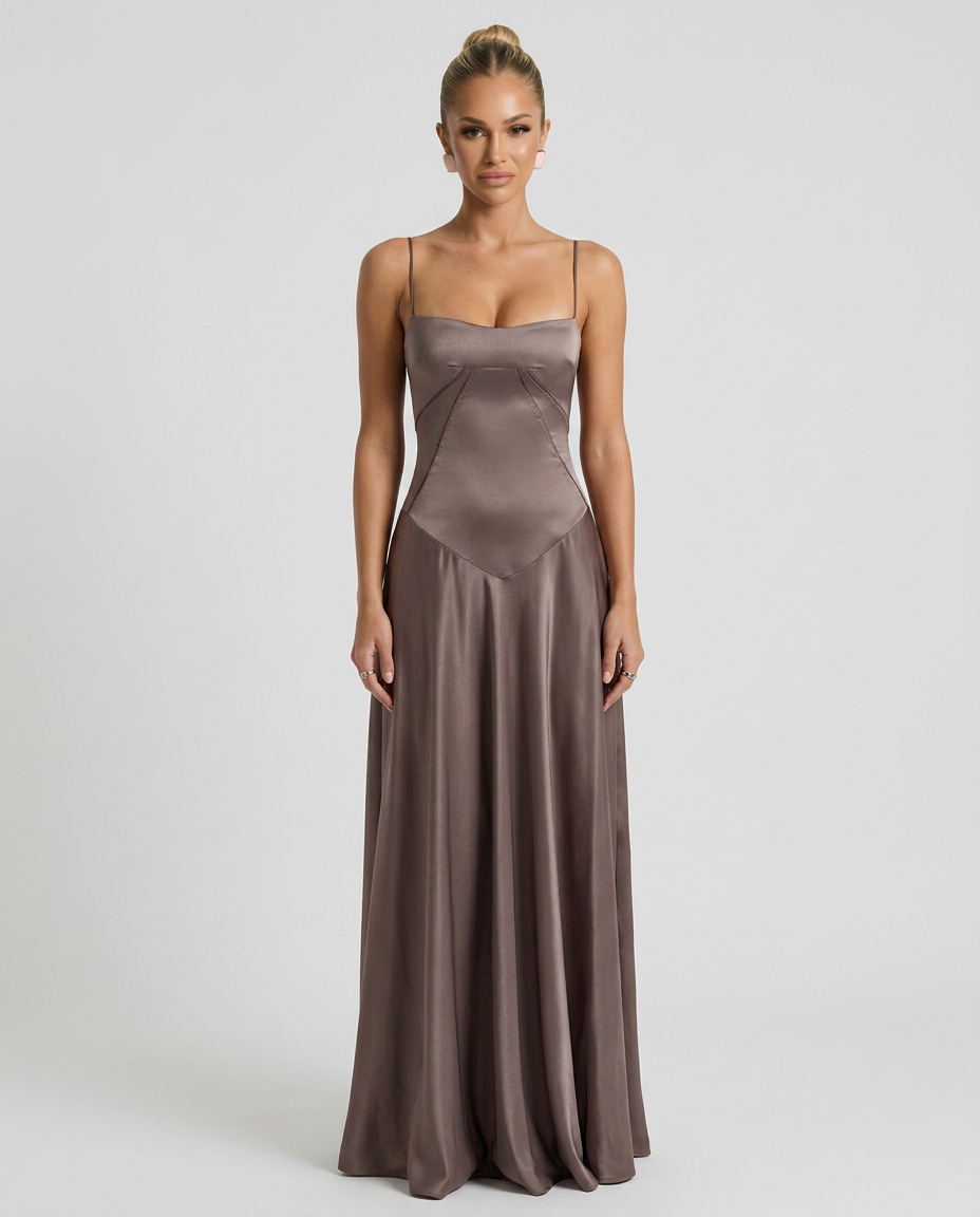 Women's Evening Maxi Dress with Lace-Up Back and Structured Bodice - Brown