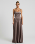 Women's Evening Maxi Dress with Lace-Up Back and Structured Bodice - Brown