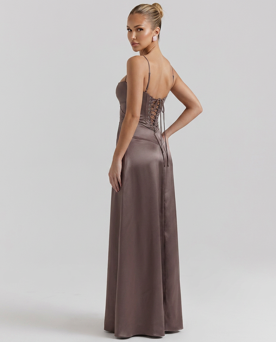 Women's Evening Maxi Dress with Lace-Up Back and Structured Bodice - 3