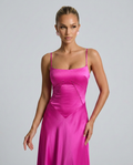 Women's Evening Maxi Dress with Lace-Up Back and Structured Bodice - Fuchsia