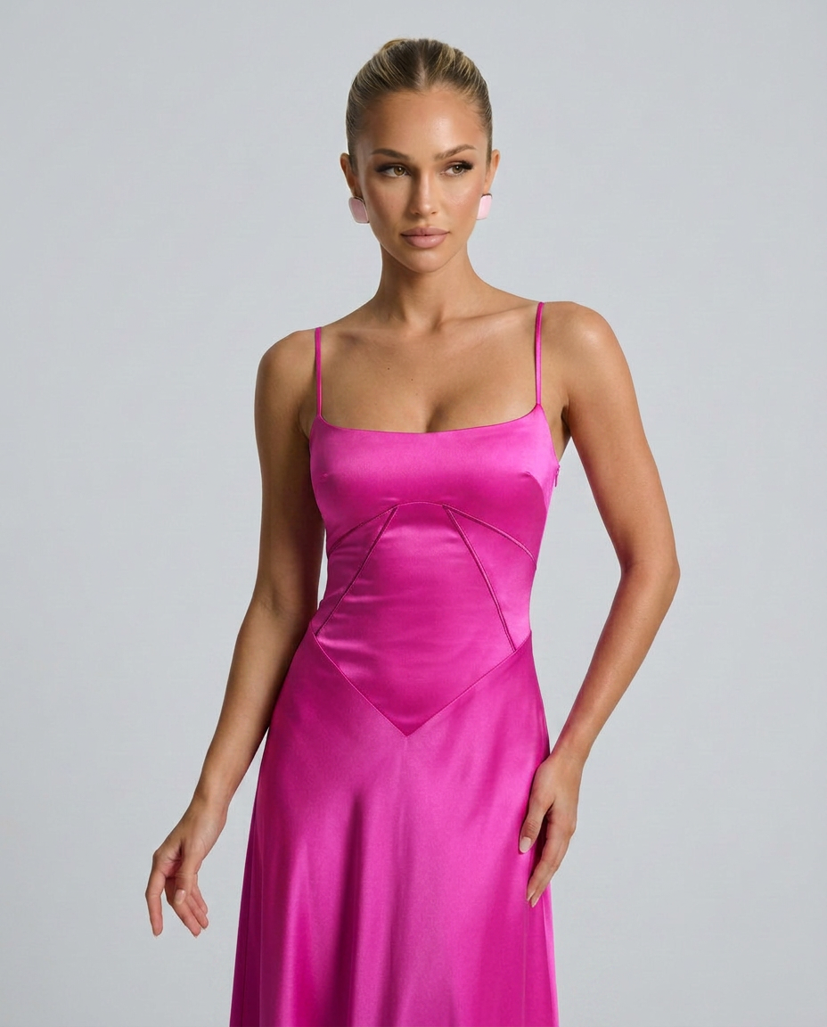 Women's Evening Maxi Dress with Lace-Up Back and Structured Bodice - Fuchsia