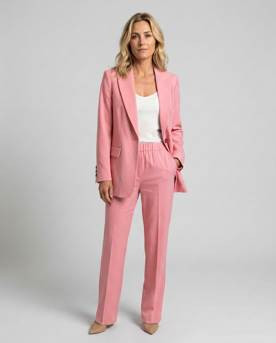 Women's Blazer Set with Straight-Leg Trousers, Tailored Lapel Collar - Pink