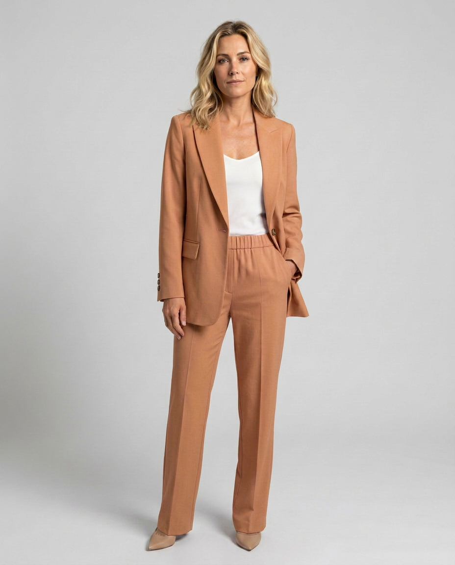 Women's Blazer Set with Straight-Leg Trousers, Tailored Lapel Collar - Camel