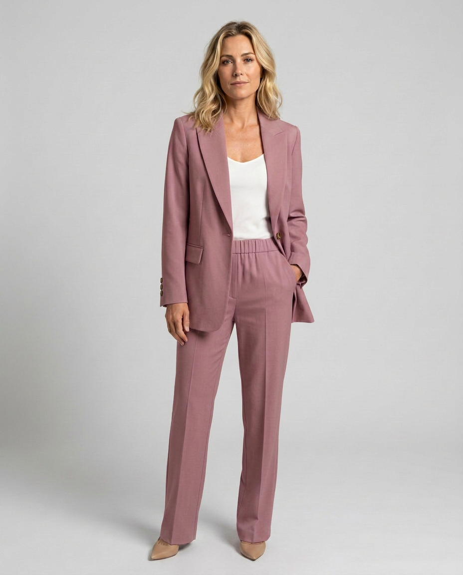Women's Blazer Set with Straight-Leg Trousers, Tailored Lapel Collar - Dusty Pink