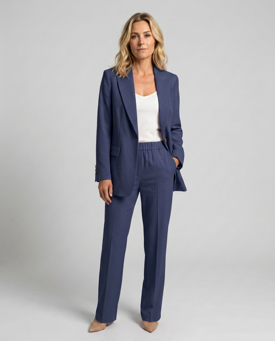 Women's Blazer Set with Straight-Leg Trousers, Tailored Lapel Collar - Dark Blue