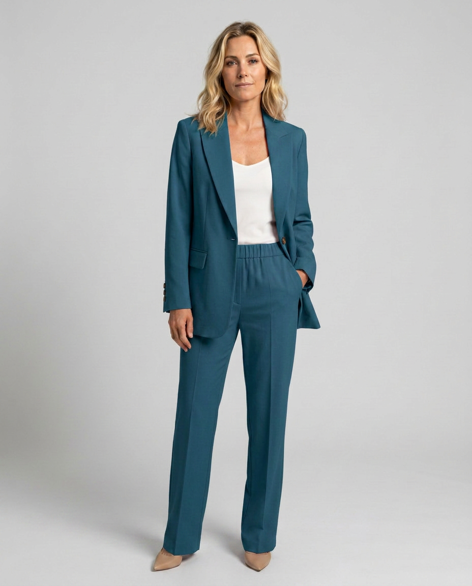 Women's Blazer Set with Straight-Leg Trousers, Tailored Lapel Collar - Blue