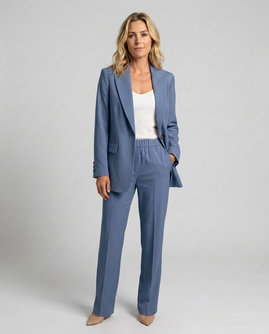 Women's Blazer Set with Straight-Leg Trousers, Tailored Lapel Collar - Light Blue