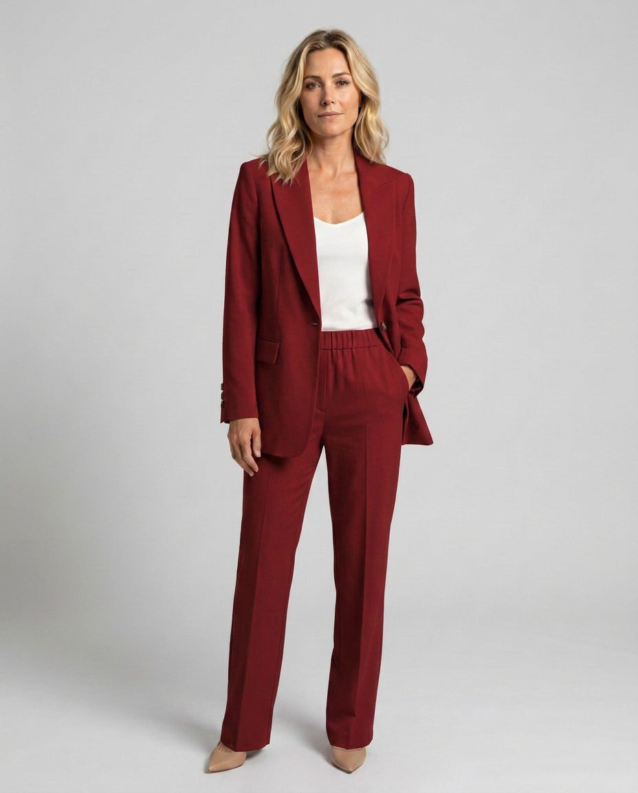 Women's Blazer Set with Straight-Leg Trousers, Tailored Lapel Collar - Burgundy
