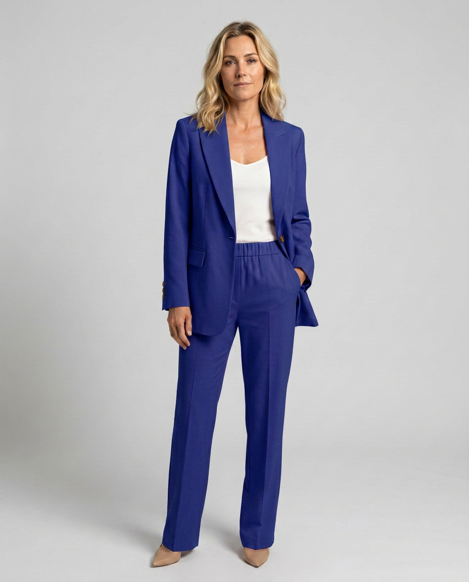 Women's Blazer Set with Straight-Leg Trousers, Tailored Lapel Collar - Royal Blue