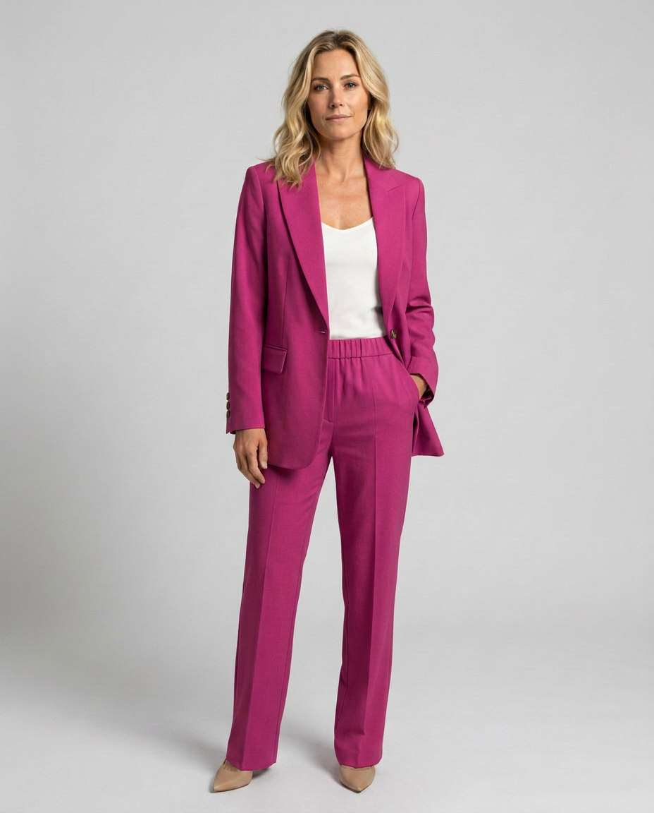 Women's Blazer Set with Straight-Leg Trousers, Tailored Lapel Collar - Hot Pink